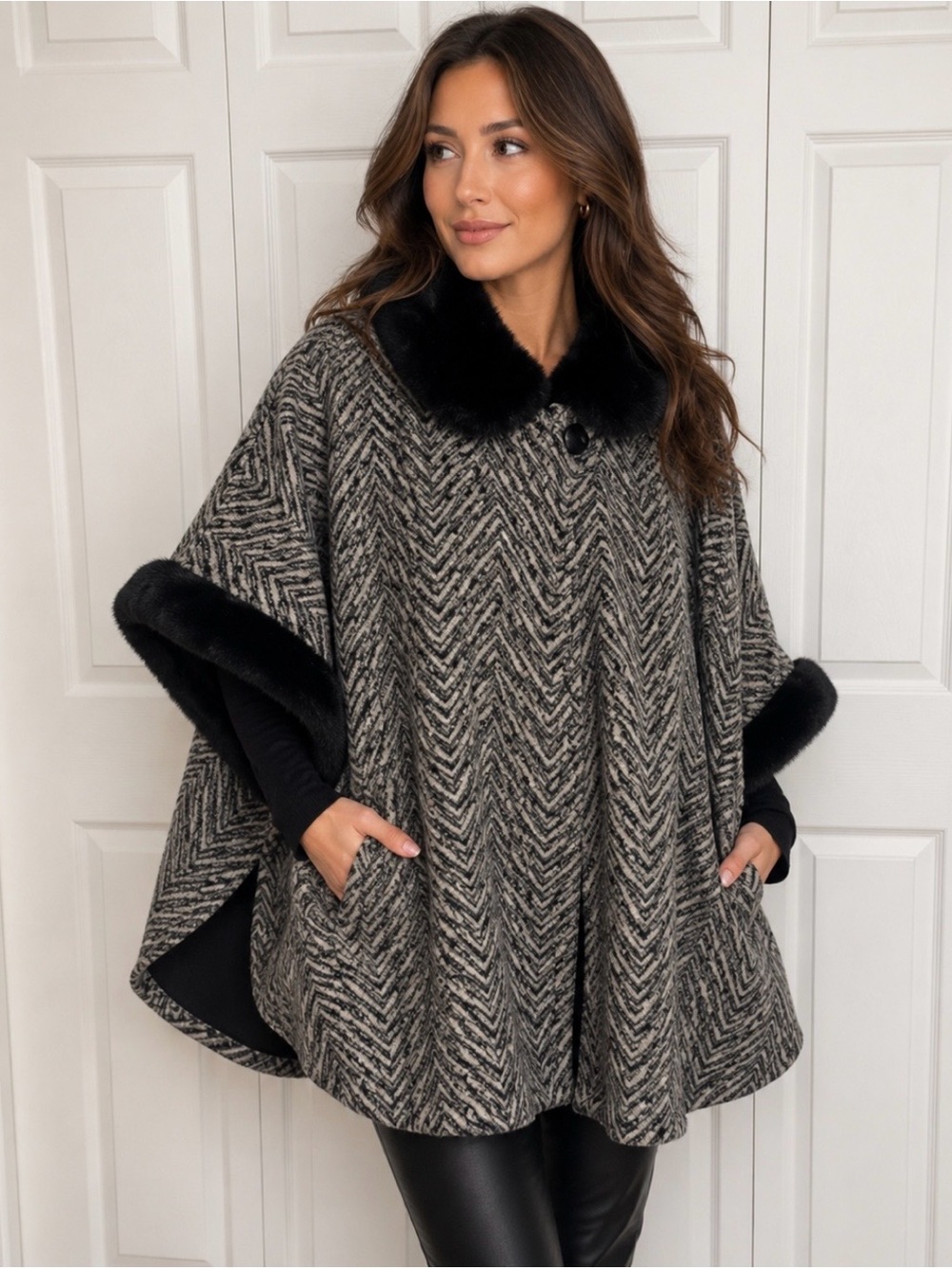E Studio Ladies Chevron Patterned Cape with Black Faux Fur Trim